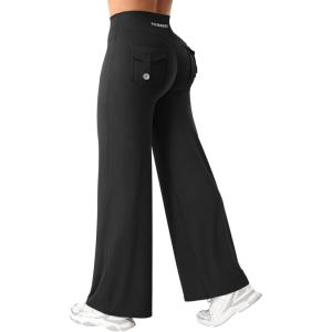 imageYEOREO Straight Leg Leggings with Pockets Cargo Workout Leggings for Women No Front Seam Hidden Scrunch High Waist Yoga PantsBlack
