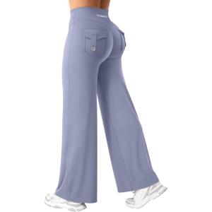 imageYEOREO Straight Leg Leggings with Pockets Cargo Workout Leggings for Women No Front Seam Hidden Scrunch High Waist Yoga PantsGranite Blue