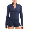 imageYEOREO Women Full Zip Workout Jacket with Pockets Thumb Hole Long Sleeve Athletic Cropped Jackets Gym Yoga TopNavy Blue
