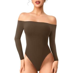 imageYEOREO Dacrly Strapless Bodysuit Long Sleeve Off Shoulder Leotard Double Lined Thong Bodycon Slim Fit Sexy Y2K Going Out TopsDeep Brown
