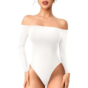 imageYEOREO Dacrly Strapless Bodysuit Long Sleeve Off Shoulder Leotard Double Lined Thong Bodycon Slim Fit Sexy Y2K Going Out TopsWhite