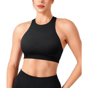 imageYEOREO Racerback Sports Bras for Women Padded Medium Impact Dafnien Seamless Yoga Workout Crop TopsBlack