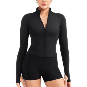imageYEOREO Women Full Zip Workout Jacket with Pockets Thumb Hole Long Sleeve Athletic Cropped Jackets Gym Yoga TopBlack