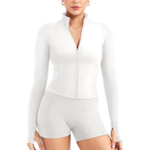 imageYEOREO Women Full Zip Workout Jacket with Pockets Thumb Hole Long Sleeve Athletic Cropped Jackets Gym Yoga TopWhite