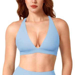 imageYEOREO Sports Bras for Women Deep V Neck Criss Cross Bra Wafiya Padded Low Impact Workout Gym Crop TopAiry Blue