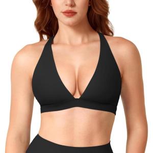 imageYEOREO Sports Bras for Women Deep V Neck Criss Cross Bra Wafiya Padded Low Impact Workout Gym Crop TopBlack