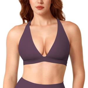 imageYEOREO Sports Bras for Women Deep V Neck Criss Cross Bra Wafiya Padded Low Impact Workout Gym Crop TopBlack Berry Purple