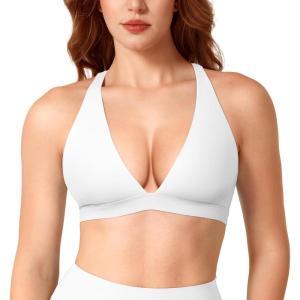 imageYEOREO Sports Bras for Women Deep V Neck Criss Cross Bra Wafiya Padded Low Impact Workout Gym Crop TopWhite
