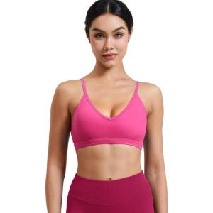 imageYEOREO Women V Neck Sports Bras Crisscross Adjustable Strappy Wirefree Padded Low Impact Yoga Gym Bra Workout Crop TopsRose Red