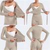 imageYEOREO Women Pilates Wrap Top Long Sleeve Tie Ballet Workout Yoga Shirt Michelie Y2K V Neck Cropped TopsLight Sand