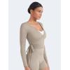 imageYEOREO Women Pilates Wrap Top Long Sleeve Tie Ballet Workout Yoga Shirt Michelie Y2K V Neck Cropped TopsLight Sand