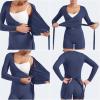 imageYEOREO Women Pilates Wrap Top Long Sleeve Tie Ballet Workout Yoga Shirt Michelie Y2K V Neck Cropped TopsNavy Blue
