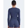 imageYEOREO Women Pilates Wrap Top Long Sleeve Tie Ballet Workout Yoga Shirt Michelie Y2K V Neck Cropped TopsNavy Blue