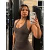 imageYEOREO Womens Halter Crop Top V Neck Workout Going Out Tank Top Padded Sleeveless Backless Trendy Summer CamisoleCoffee