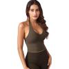 imageYEOREO Womens Halter Crop Top V Neck Workout Going Out Tank Top Padded Sleeveless Backless Trendy Summer CamisoleCoffee