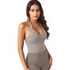 imageYEOREO Womens Halter Crop Top V Neck Workout Going Out Tank Top Padded Sleeveless Backless Trendy Summer CamisoleOat