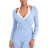 imageYEOREO Women Pilates Wrap Top Long Sleeve Tie Ballet Workout Yoga Shirt Michelie Y2K V Neck Cropped TopsAiry Blue