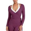 imageYEOREO Women Pilates Wrap Top Long Sleeve Tie Ballet Workout Yoga Shirt Michelie Y2K V Neck Cropped TopsBlack Cherry