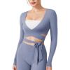 imageYEOREO Wrap Long Sleeve Cropped Top for Women Workout Pilates Ballet Tie Shirt for Dance Yoga Active BlousesGranite Blue