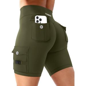 imageYEOREO CoreFlex Women Workout Biker Shorts with Cargo Pockets Hidden Scrunch High Waisted 8 Inseam Gym ShortsArmy Green
