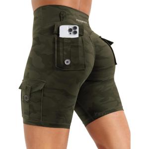 imageYEOREO CoreFlex Women Workout Biker Shorts with Cargo Pockets Hidden Scrunch High Waisted 8 Inseam Gym ShortsArmy Green Camo