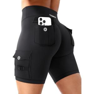 imageYEOREO CoreFlex Women Workout Biker Shorts with Cargo Pockets Hidden Scrunch High Waisted 8 Inseam Gym ShortsBlack