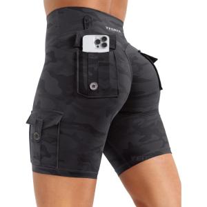 imageYEOREO CoreFlex Women Workout Biker Shorts with Cargo Pockets Hidden Scrunch High Waisted 8 Inseam Gym ShortsBlack Camo
