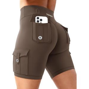imageYEOREO CoreFlex Women Workout Biker Shorts with Cargo Pockets Hidden Scrunch High Waisted 8 Inseam Gym ShortsCoffee