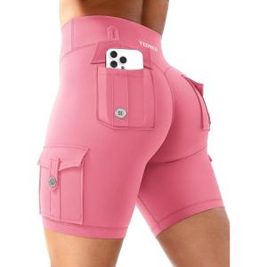 imageYEOREO CoreFlex Women Workout Biker Shorts with Cargo Pockets Hidden Scrunch High Waisted 8 Inseam Gym ShortsCoral Pink