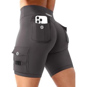 imageYEOREO CoreFlex Women Workout Biker Shorts with Cargo Pockets Hidden Scrunch High Waisted 8 Inseam Gym ShortsDark Grey