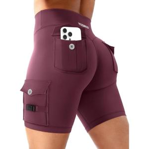 imageYEOREO CoreFlex Women Workout Biker Shorts with Cargo Pockets Hidden Scrunch High Waisted 8 Inseam Gym ShortsDeep Cherry