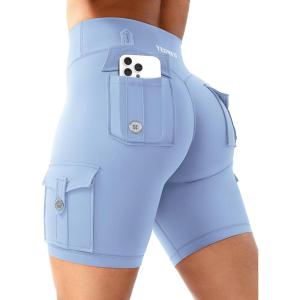 imageYEOREO CoreFlex Women Workout Biker Shorts with Cargo Pockets Hidden Scrunch High Waisted 8 Inseam Gym ShortsLight Blue