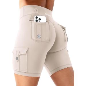 imageYEOREO CoreFlex Women Workout Biker Shorts with Cargo Pockets Hidden Scrunch High Waisted 8 Inseam Gym ShortsLight Khaki