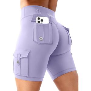 imageYEOREO CoreFlex Women Workout Biker Shorts with Cargo Pockets Hidden Scrunch High Waisted 8 Inseam Gym ShortsLight Purple