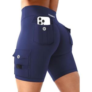 imageYEOREO CoreFlex Women Workout Biker Shorts with Cargo Pockets Hidden Scrunch High Waisted 8 Inseam Gym ShortsNavy