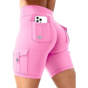 imageYEOREO CoreFlex Women Workout Biker Shorts with Cargo Pockets Hidden Scrunch High Waisted 8 Inseam Gym ShortsPink