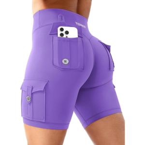 imageYEOREO CoreFlex Women Workout Biker Shorts with Cargo Pockets Hidden Scrunch High Waisted 8 Inseam Gym ShortsPurple