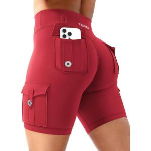 imageYEOREO CoreFlex Women Workout Biker Shorts with Cargo Pockets Hidden Scrunch High Waisted 8 Inseam Gym ShortsRed