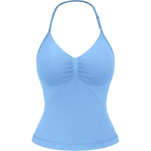 imageYEOREO SoftHue Impact Longline Strappy Top Womens Halter Workout Tank Tops Backless Gym Longline with Adjustable StrapBlissful Blue
