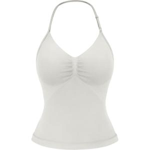 imageYEOREO SoftHue Impact Longline Strappy Top Womens Halter Workout Tank Tops Backless Gym Longline with Adjustable StrapFeather Rice