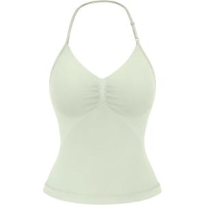 imageYEOREO SoftHue Impact Longline Strappy Top Womens Halter Workout Tank Tops Backless Gym Longline with Adjustable StrapFog Green