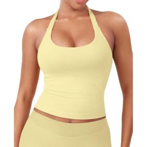 imageYEOREO SoftHue Womens Impact Halter Tank Top Longline Backless Scoop Neck Builtin Bra Sports Workout Gym Crop TopCreamy Yellow