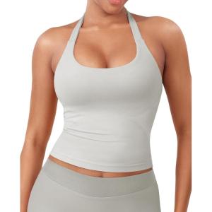 imageYEOREO SoftHue Womens Impact Halter Tank Top Longline Backless Scoop Neck Builtin Bra Sports Workout Gym Crop TopFeather Rice
