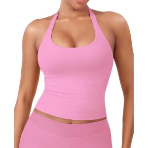 imageYEOREO SoftHue Womens Impact Halter Tank Top Longline Backless Scoop Neck Builtin Bra Sports Workout Gym Crop TopPeach Powder