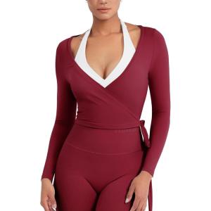 imageYEOREO Women Pilates Wrap Top Long Sleeve Tie Ballet Workout Yoga Shirt Michelie Y2K V Neck Cropped TopsAnchor Red