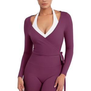 imageYEOREO Women Pilates Wrap Top Long Sleeve Tie Ballet Workout Yoga Shirt Michelie Y2K V Neck Cropped TopsBlack Cherry