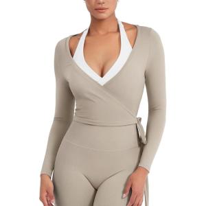 imageYEOREO Women Pilates Wrap Top Long Sleeve Tie Ballet Workout Yoga Shirt Michelie Y2K V Neck Cropped TopsLight Sand