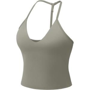 imageYEOREO Womens Impact Halter Tank Top Strappy Padded Halter Open Back Deep V Neck Builtin Bra Workout Gym Crop TopsGray Green