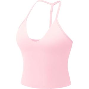 imageYEOREO Womens Impact Halter Tank Top Strappy Padded Halter Open Back Deep V Neck Builtin Bra Workout Gym Crop TopsLight Pink