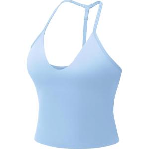 imageYEOREO Womens Impact Halter Tank Top Strappy Padded Halter Open Back Deep V Neck Builtin Bra Workout Gym Crop TopsSky Bule